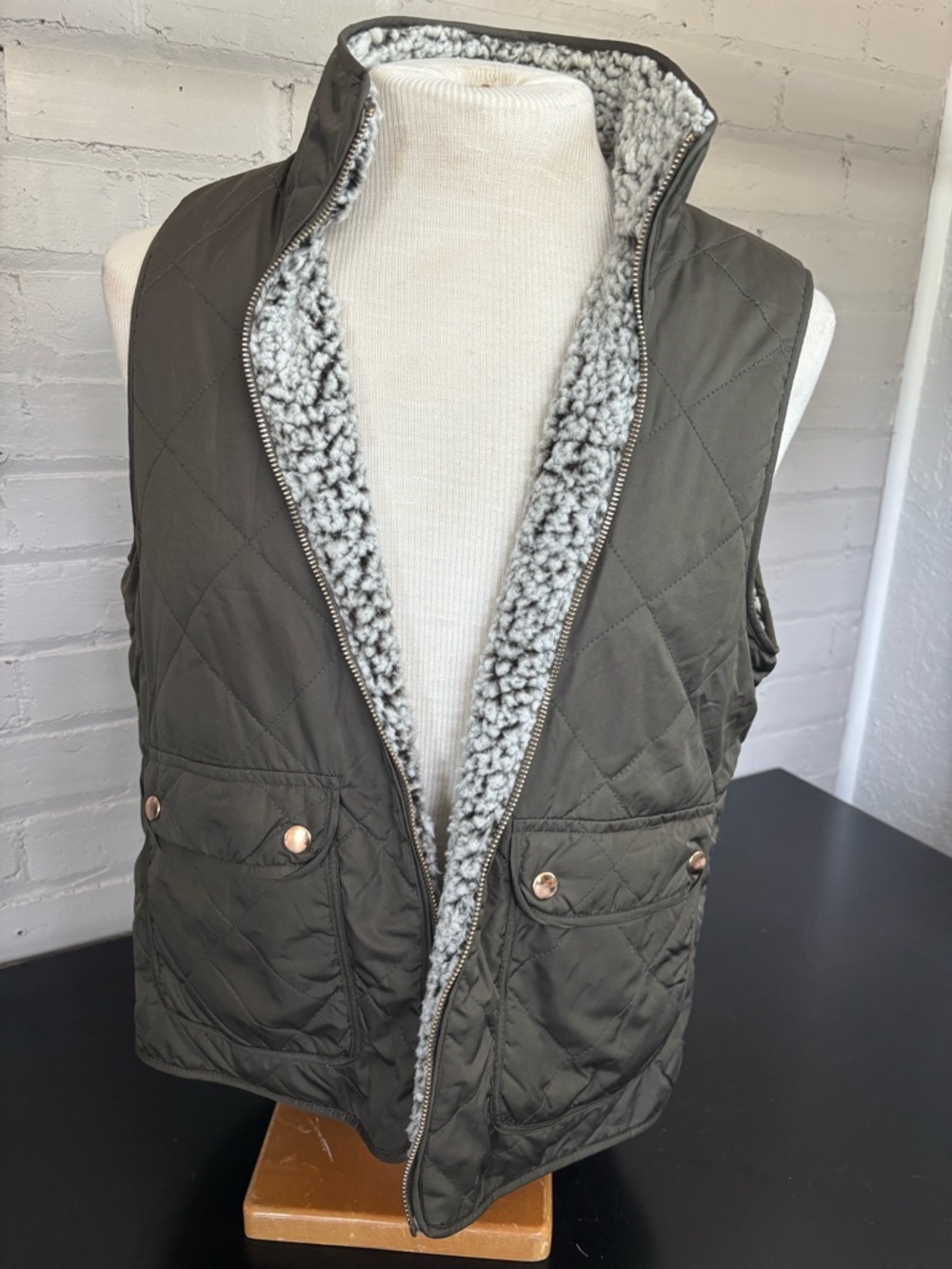 Thread & Supply Olive Quilted Vest with Gray Sherpa Lining